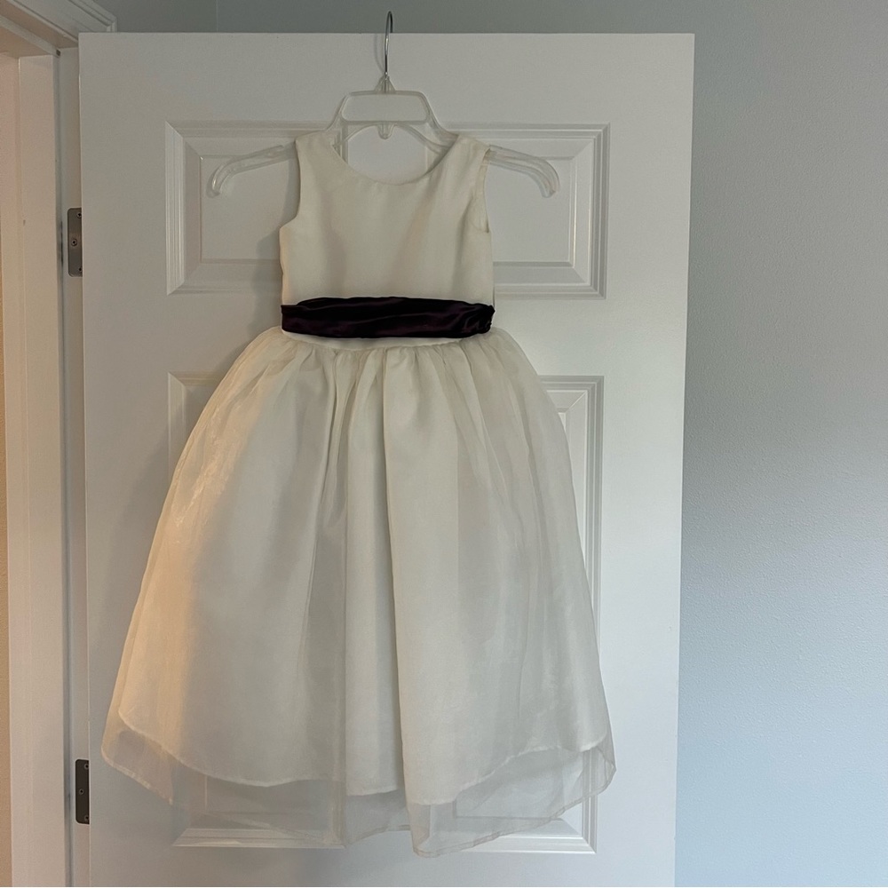 Special occasion white dress with dark purple sash - Size 4